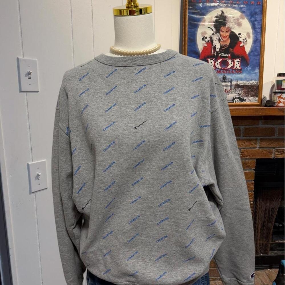 Champion gray crewneck sweatshirt pullover w blue diagonal stripes, size Large
